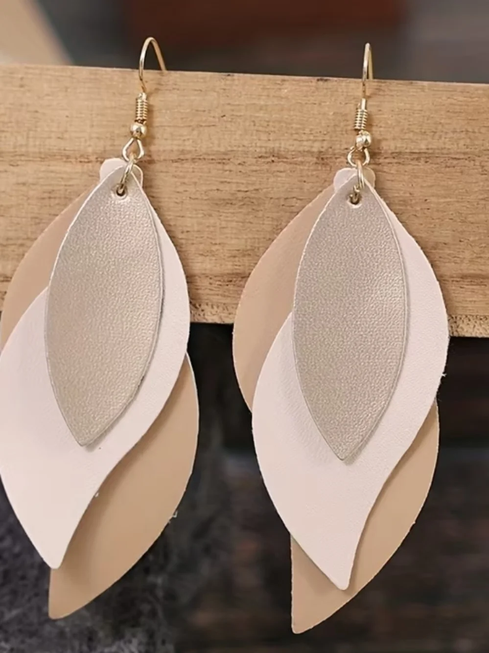Layered Leather Teardrop Earrings - Beige & Cream